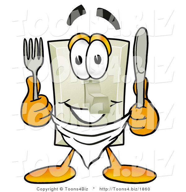 Illustration of a Cartoon Light Switch Mascot Holding a Knife and Fork