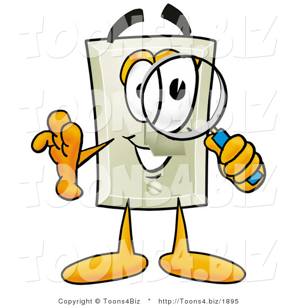 Illustration of a Cartoon Light Switch Mascot Looking Through a Magnifying Glass