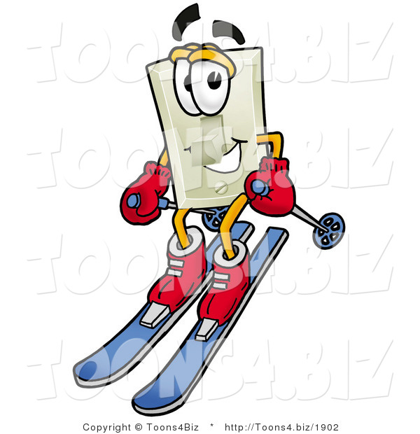 Illustration of a Cartoon Light Switch Mascot Skiing Downhill