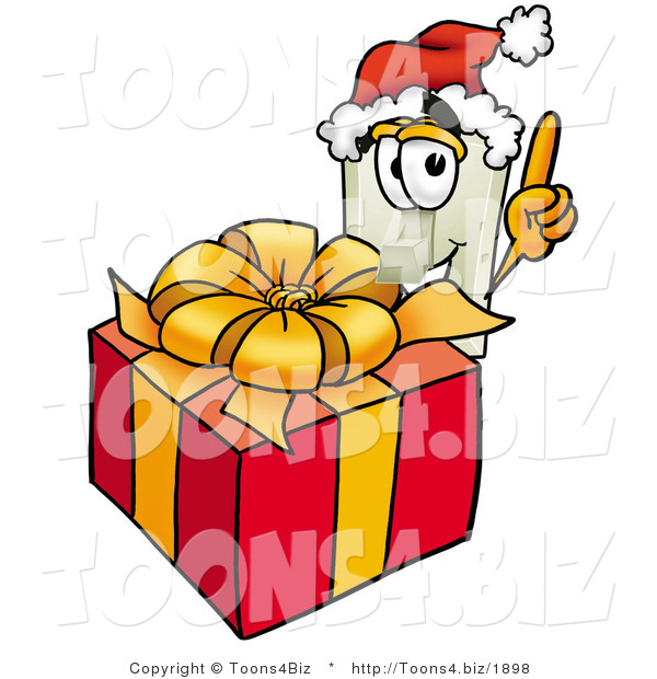 Illustration of a Cartoon Light Switch Mascot Standing by a Christmas Present