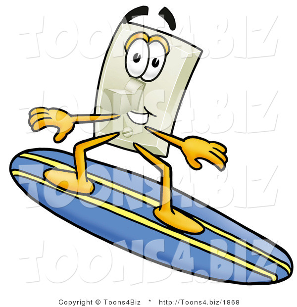Illustration of a Cartoon Light Switch Mascot Surfing on a Blue and Yellow Surfboard