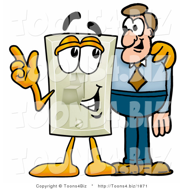 Illustration of a Cartoon Light Switch Mascot Talking to a Business Man
