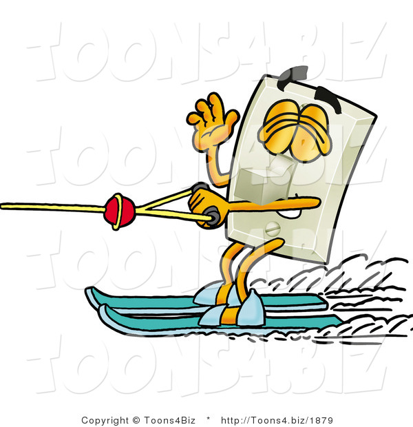 Illustration of a Cartoon Light Switch Mascot Waving While Water Skiing