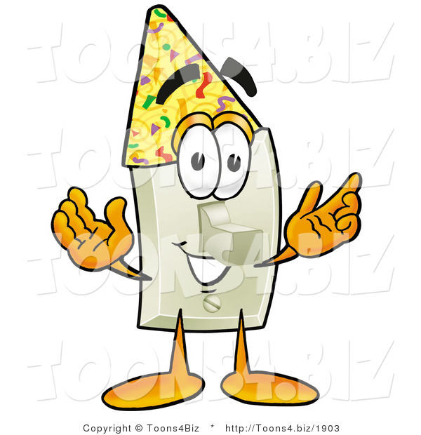 Illustration of a Cartoon Light Switch Mascot Wearing a Birthday Party Hat