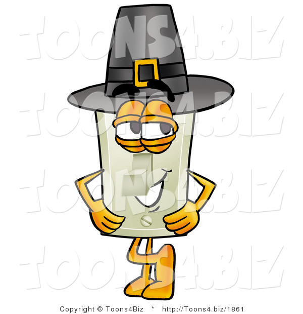 Illustration of a Cartoon Light Switch Mascot Wearing a Pilgrim Hat on Thanksgiving