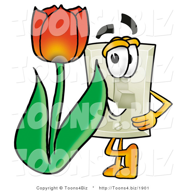 Illustration of a Cartoon Light Switch Mascot with a Red Tulip Flower in the Spring
