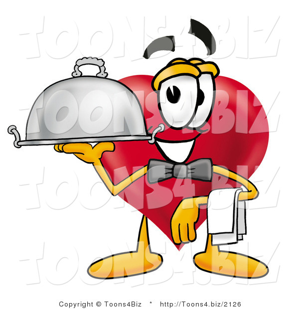 Illustration of a Cartoon Love Heart Mascot Dressed As a Waiter and Holding a Serving Platter