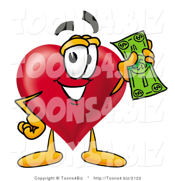Illustration of a Cartoon Love Heart Mascot Holding a Dollar Bill