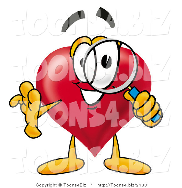 Illustration of a Cartoon Love Heart Mascot Looking Through a Magnifying Glass