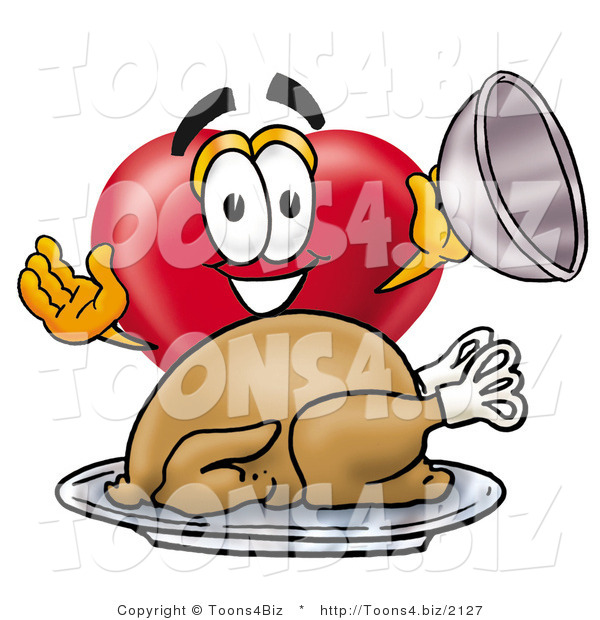 Illustration of a Cartoon Love Heart Mascot Serving a Thanksgiving Turkey on a Platter