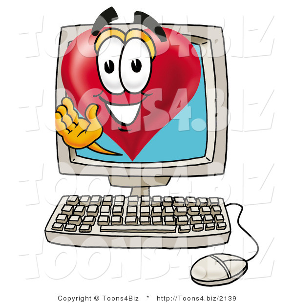 Illustration of a Cartoon Love Heart Mascot Waving from Inside a Computer Screen