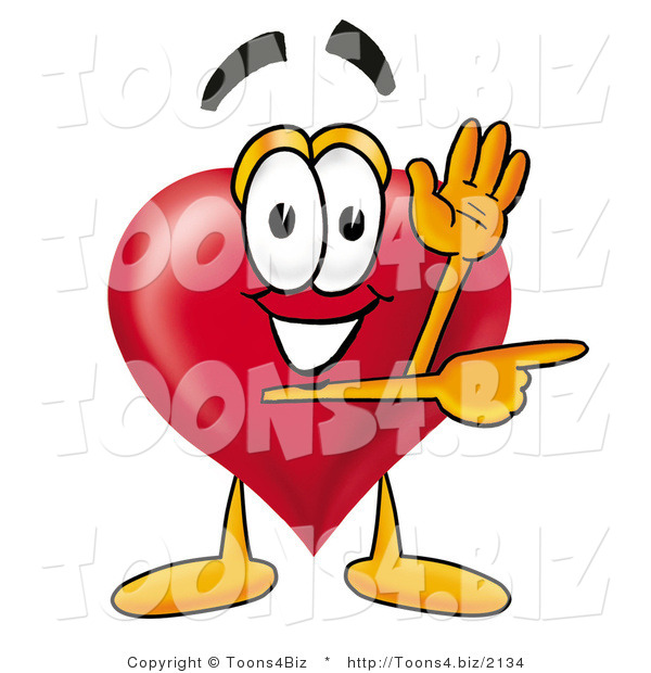 Illustration of a Cartoon Love Heart Mascot Waving Hello While Pointing to the Side