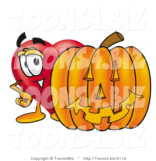 Illustration of a Cartoon Love Heart Mascot with a Carved Halloween Pumpkin