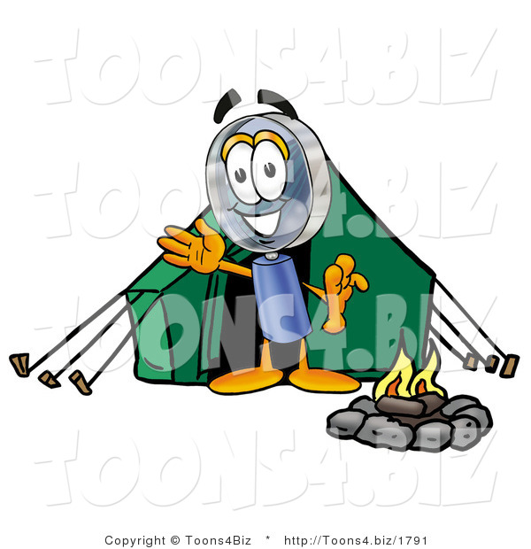 Illustration of a Cartoon Magnifying Glass Mascot Camping with a Tent and Fire