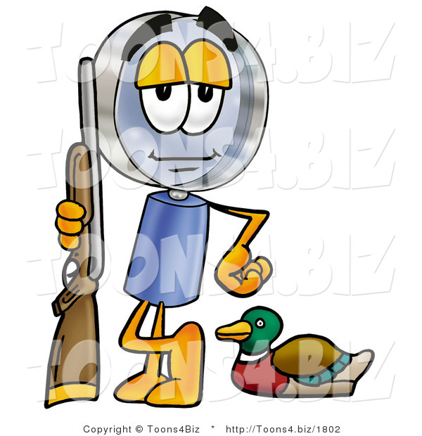 Illustration of a Cartoon Magnifying Glass Mascot Duck Hunting, Standing with a Rifle and Duck