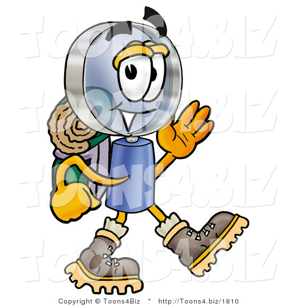 Illustration of a Cartoon Magnifying Glass Mascot Hiking and Carrying a Backpack
