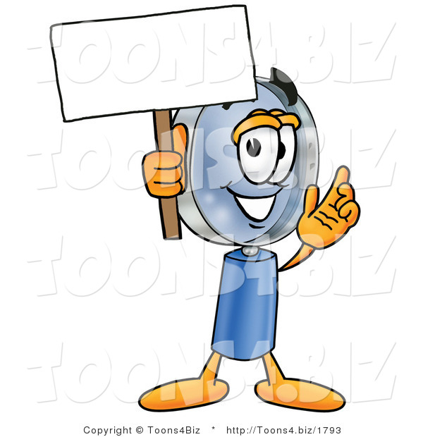 Illustration of a Cartoon Magnifying Glass Mascot Holding a Blank Sign