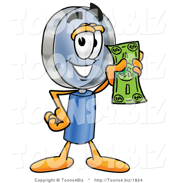 Illustration of a Cartoon Magnifying Glass Mascot Holding a Dollar Bill