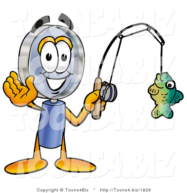 Illustration of a Cartoon Magnifying Glass Mascot Holding a Fish on a Fishing Pole