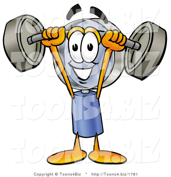 Illustration of a Cartoon Magnifying Glass Mascot Holding a Heavy Barbell Above His Head