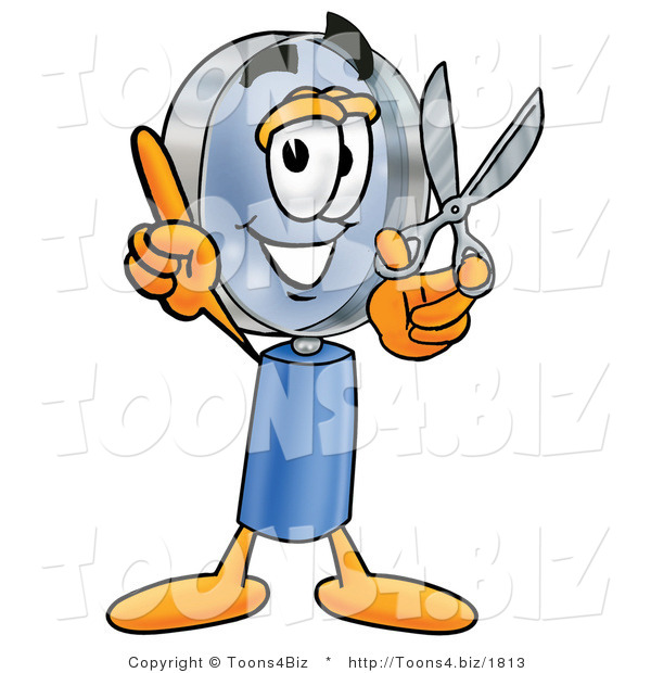 Illustration of a Cartoon Magnifying Glass Mascot Holding a Pair of Scissors