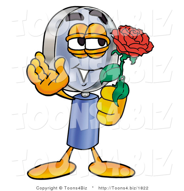 Illustration of a Cartoon Magnifying Glass Mascot Holding a Red Rose on Valentines Day