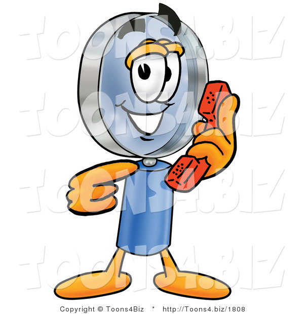Illustration of a Cartoon Magnifying Glass Mascot Holding a Telephone