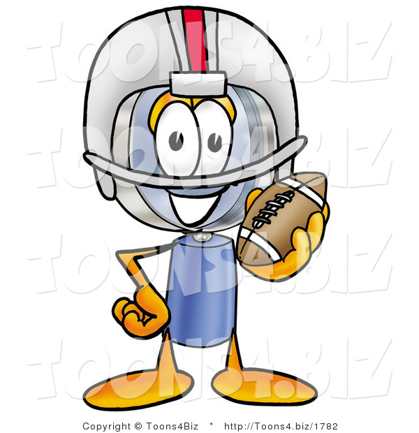 Illustration of a Cartoon Magnifying Glass Mascot in a Helmet, Holding a Football