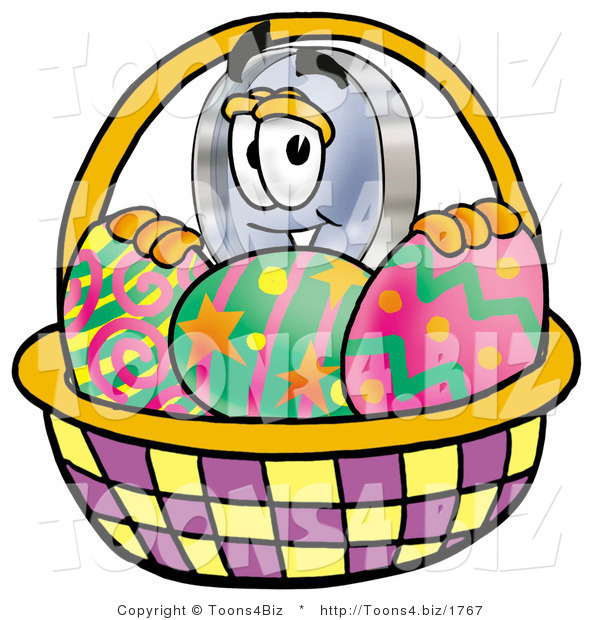 Illustration of a Cartoon Magnifying Glass Mascot in an Easter Basket Full of Decorated Easter Eggs
