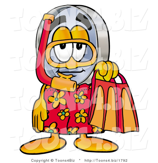 Illustration of a Cartoon Magnifying Glass Mascot in Orange and Red Snorkel Gear