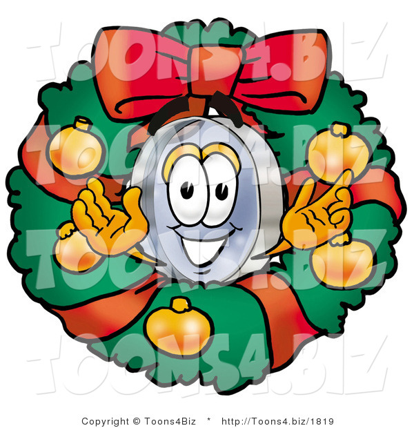 Illustration of a Cartoon Magnifying Glass Mascot in the Center of a Christmas Wreath