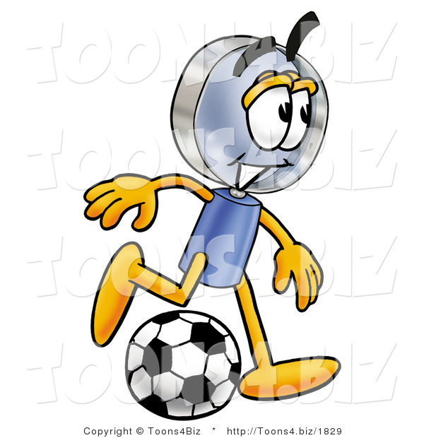 Illustration of a Cartoon Magnifying Glass Mascot Kicking a Soccer Ball