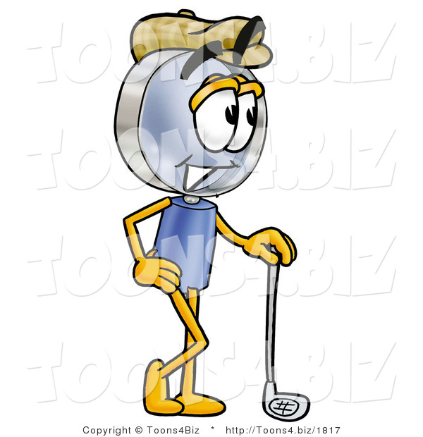 Illustration of a Cartoon Magnifying Glass Mascot Leaning on a Golf Club While Golfing
