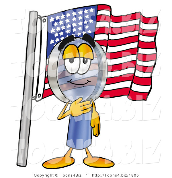 Illustration of a Cartoon Magnifying Glass Mascot Pledging Allegiance to an American Flag