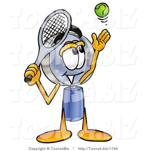 Illustration of a Cartoon Magnifying Glass Mascot Preparing to Hit a Tennis Ball