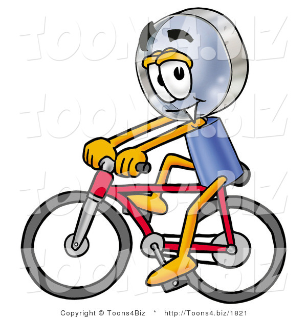 Illustration of a Cartoon Magnifying Glass Mascot Riding a Bicycle