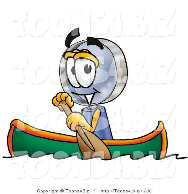 Illustration of a Cartoon Magnifying Glass Mascot Rowing a Boat