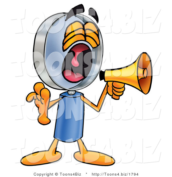 Illustration of a Cartoon Magnifying Glass Mascot Screaming into a Megaphone