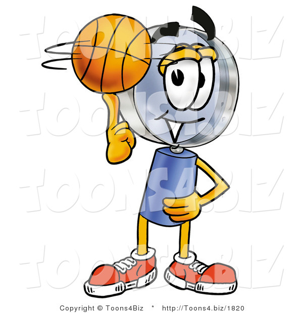 Illustration of a Cartoon Magnifying Glass Mascot Spinning a Basketball on His Finger
