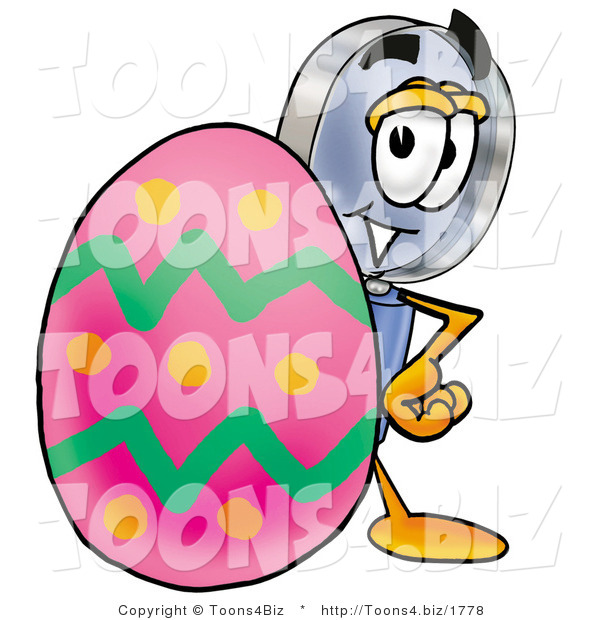 Illustration of a Cartoon Magnifying Glass Mascot Standing Beside an Easter Egg