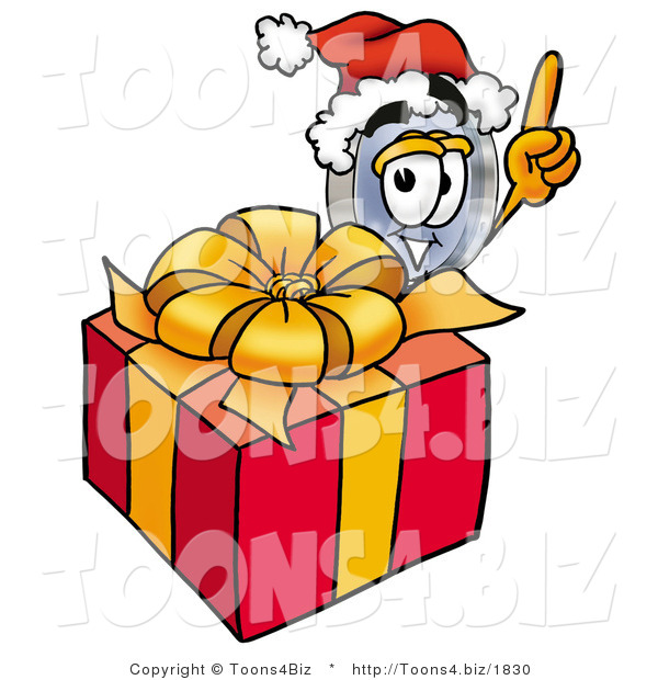 Illustration of a Cartoon Magnifying Glass Mascot Standing by a Christmas Present