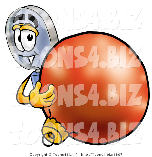 Illustration of a Cartoon Magnifying Glass Mascot Standing with a Christmas Bauble