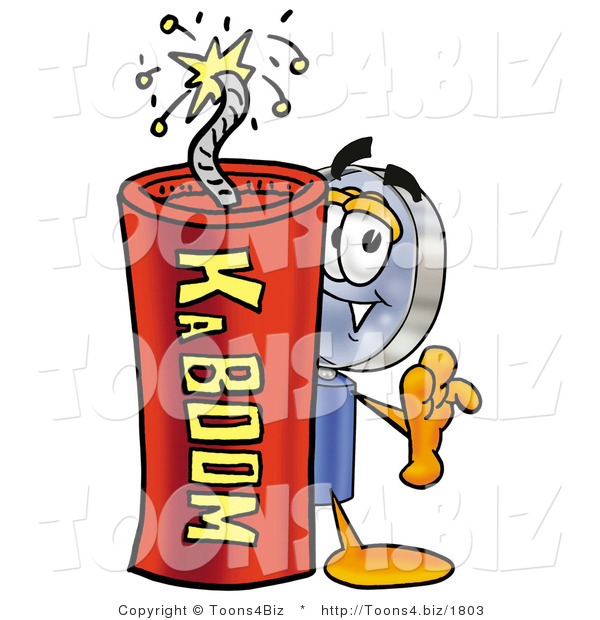 Illustration of a Cartoon Magnifying Glass Mascot Standing with a Lit Stick of Dynamite