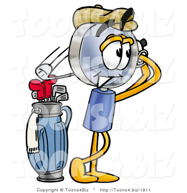 Illustration of a Cartoon Magnifying Glass Mascot Swinging His Golf Club While Golfing