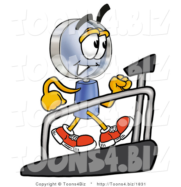 Illustration of a Cartoon Magnifying Glass Mascot Walking on a Treadmill in a Fitness Gym