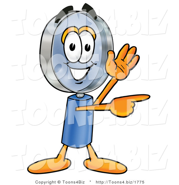 Illustration of a Cartoon Magnifying Glass Mascot Waving and Pointing