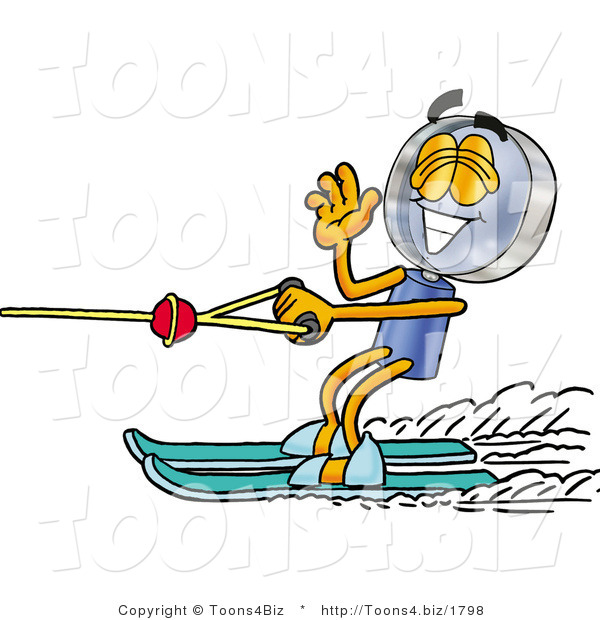 Illustration of a Cartoon Magnifying Glass Mascot Waving While Water Skiing