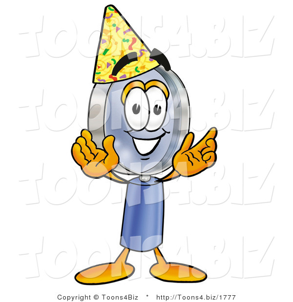 Illustration of a Cartoon Magnifying Glass Mascot Wearing a Birthday Party Hat