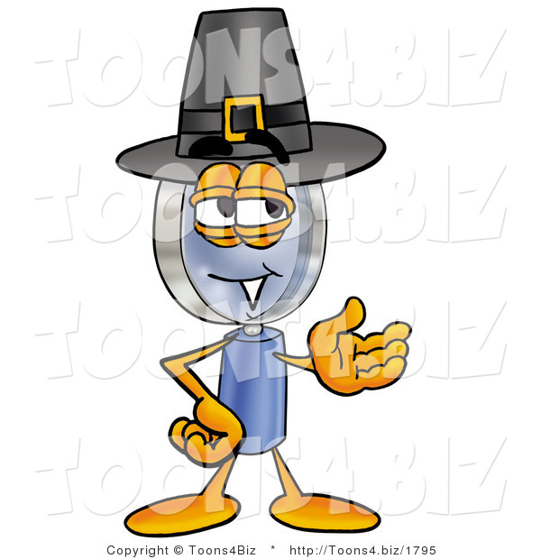 Illustration of a Cartoon Magnifying Glass Mascot Wearing a Pilgrim Hat on Thanksgiving