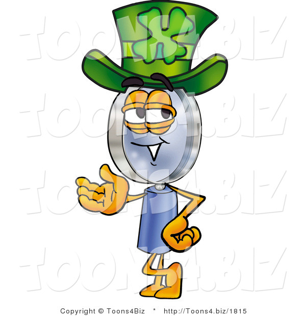 Illustration of a Cartoon Magnifying Glass Mascot Wearing a Saint Patricks Day Hat with a Clover on It